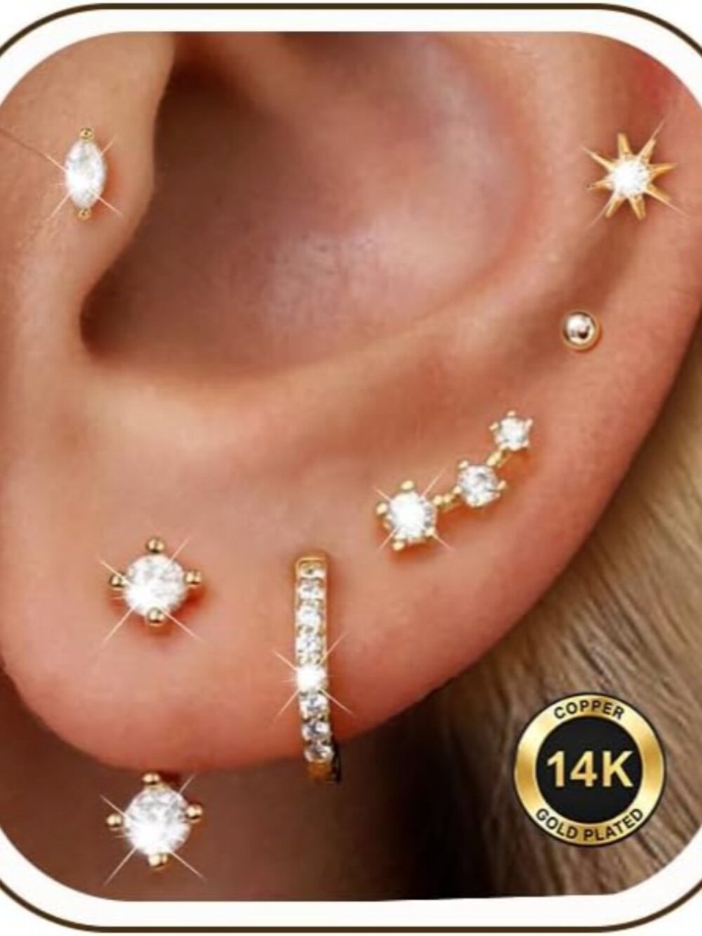 6 Pairs 14K Gold Plated Stud Earrings Set for Women - Hypoallergenic Elegance